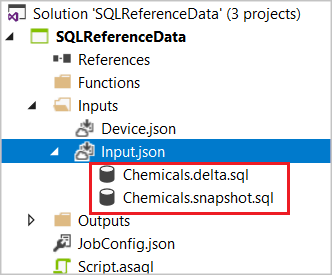解决方案资源管理器的屏幕截图，其中 SQL CodeBehind 文件 Chemicals.delta.sql 和 Chemicals.snapshot.sql 已高亮显示。