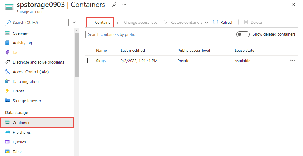 Screenshot showing the Add container menu on the Containers page.