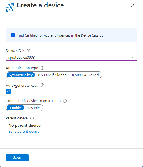 Screenshot showing the Create a device page.