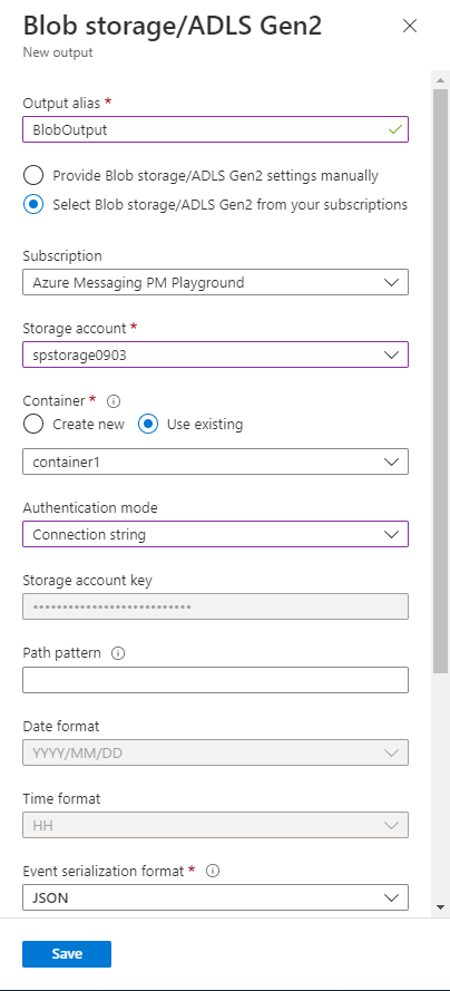 Screenshot showing the **New output** page to enter input Azure storage account information.