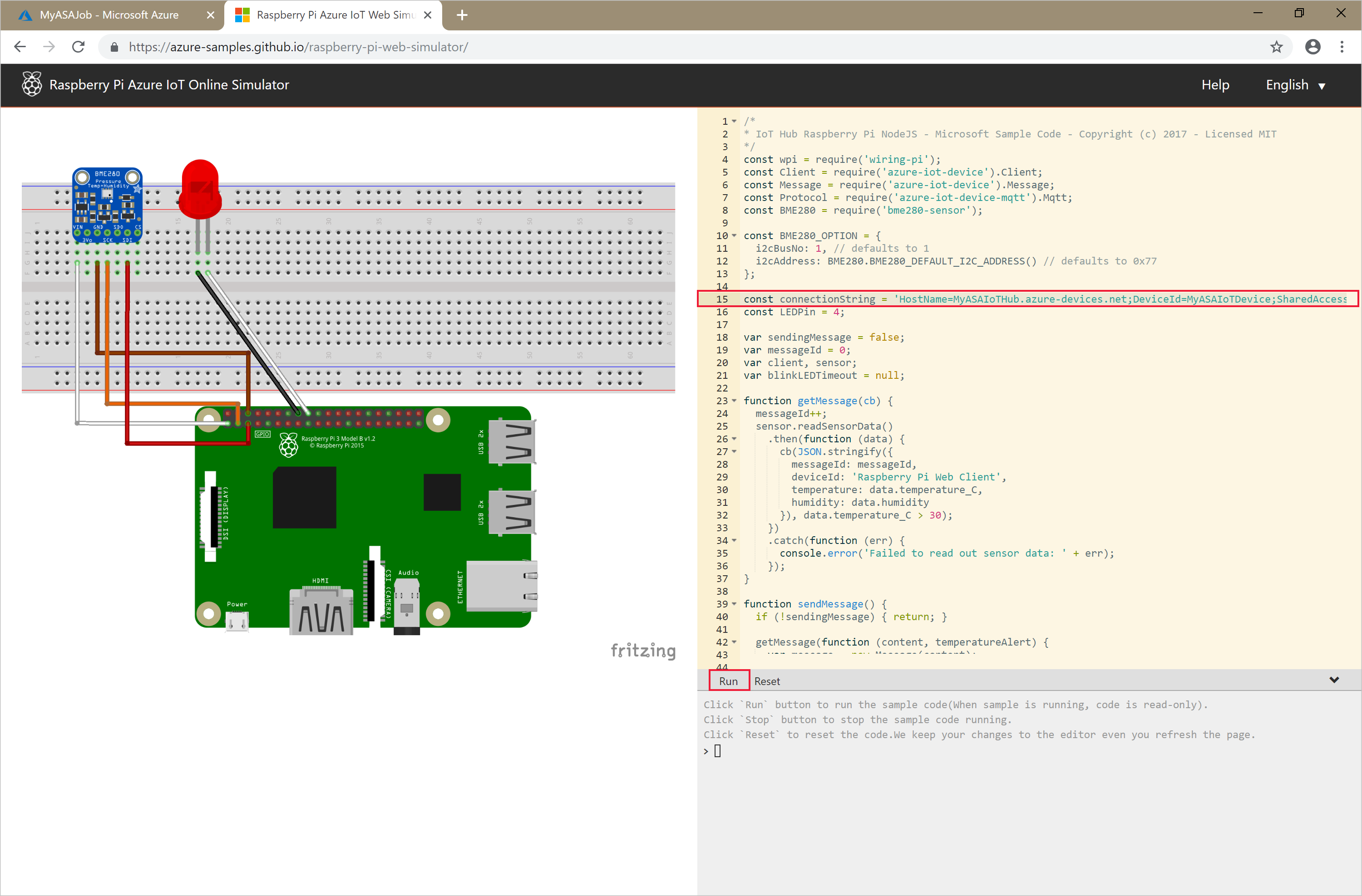 Screenshot showing the Raspberry Pi Azure IoT Online Simulator.