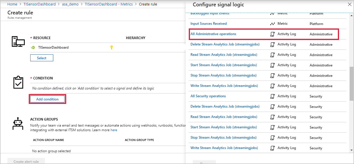 Select signal name for Stream Analytics alert