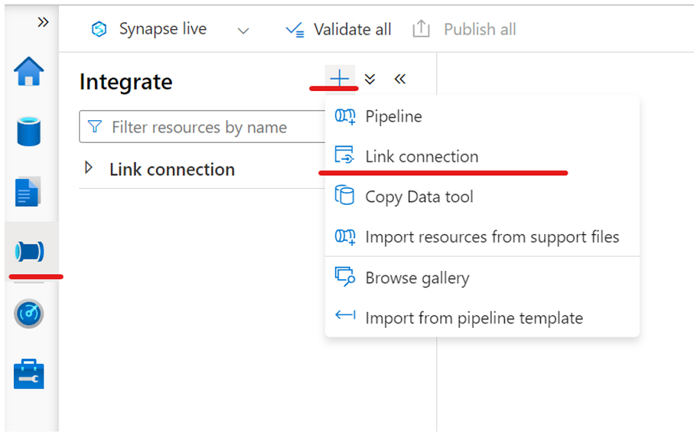 显示如何创建指向 Azure Synapse SQL 池的链接的屏幕截图。