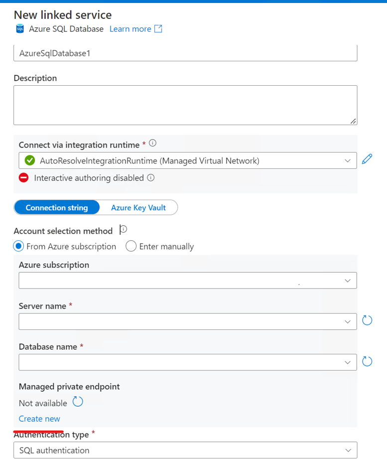 新 Azure SQL 数据库链接服务专用终结点 1 的屏幕截图。