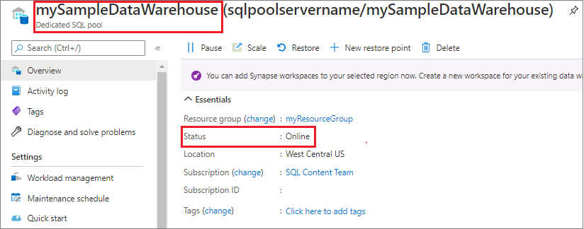 Screenshot of the Azure portal indicating that the dedicated SQL pool compute is online.