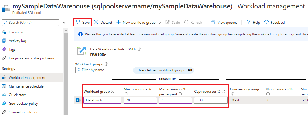A screenshot of the Azure portal, the workload management page for a dedicated SQL pool. Select Save.