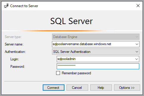 A screenshot from SQL Server Management Studio to connect to the dedicated SQL pool.
