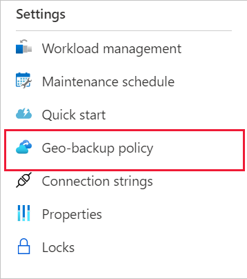 A screenshot from the Azure portal, of the navigation menu, showing where to find the geo-backup policy page.