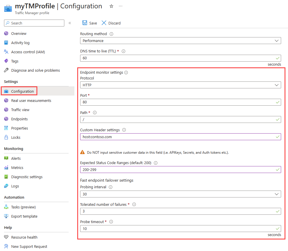 Screenshot showing Traffic Manager configuration in the Azure portal.