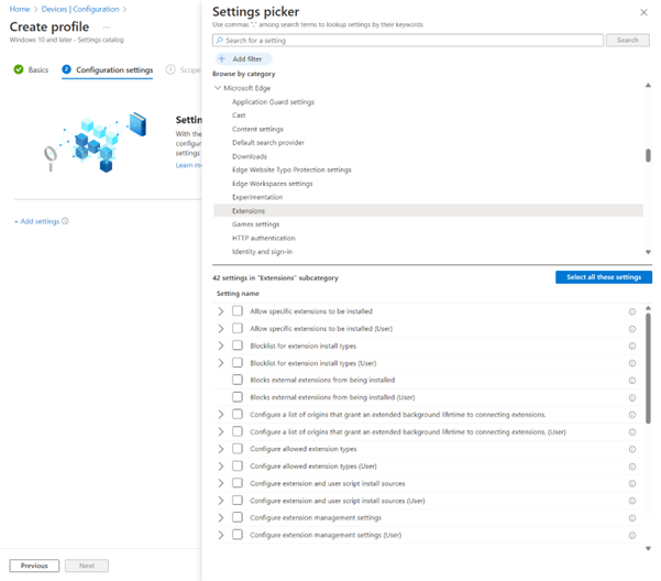 Intune Edge 策略的设置选取器