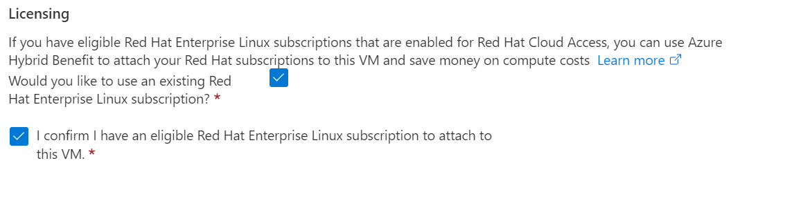 Azure门户的屏幕截图，其中显示了为许可选择的复选框。