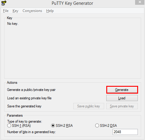PuTTY Key Generator screenshot that shows the generate new key button