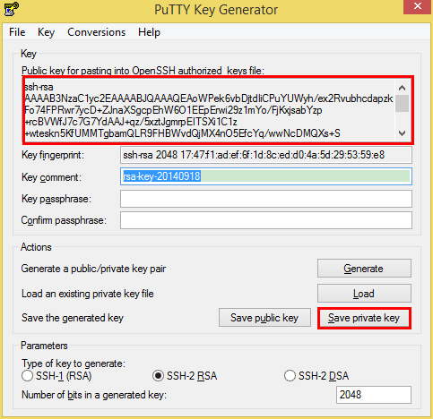 PuTTY Key Generator screenshot that shows the new public key and the save private key button