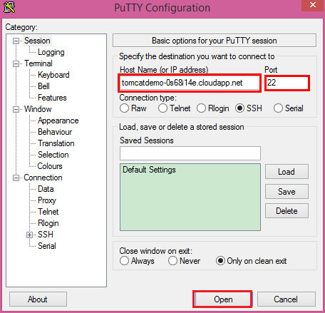 Screenshot that shows the PuTTY configuration host name and port options