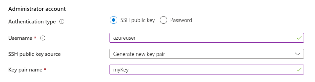 Screenshot of the Administrator account section where you select an authentication type and provide the administrator credentials
