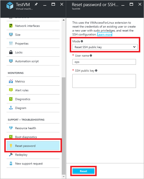Screenshot to reset the S S H configuration or credentials in the Azure portal.