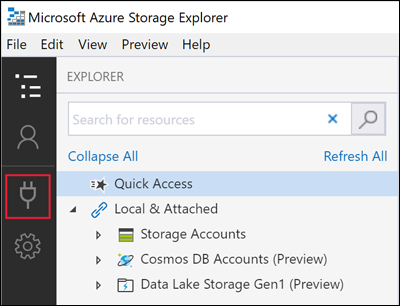 Screenshot of Azure Storage Explorer showing the location of the Connect icon.