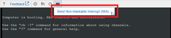 Screenshot of the Send  Non-Maskable Interrupt (NMI) button on the button bar in the Serial Console window.