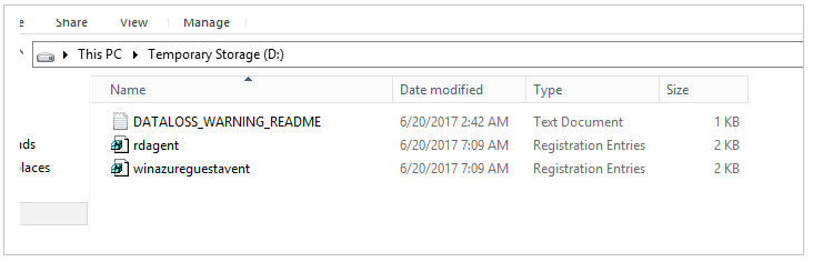 Screenshot of the rdagent and winazureguestagent reg files in Windows Explorer.