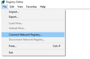 Screenshot of the Connect Network Registry... option in the  File menu of Registry Editor