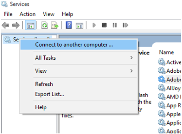 Screenshot of the Connect to another computer option in the right-click menu of Services (Local).