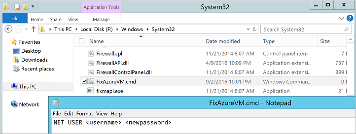 Screenshot shows the newly created FixAzureVM.cmd file where you update the username and password.