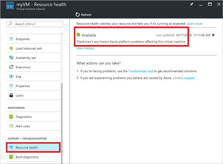 Screenshot 2 of a healthy VM report the Classic deployment model, which shows There aren't any known Azure platform problems affecting this virtual machine.