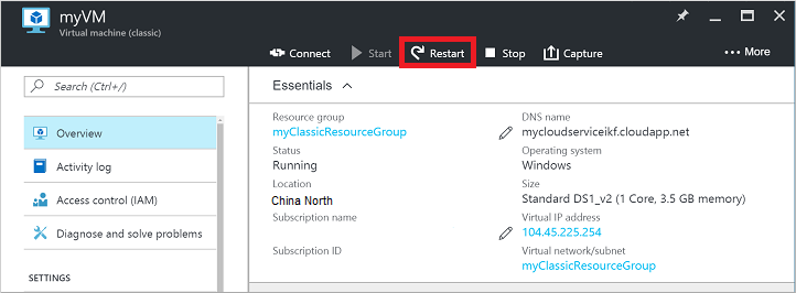 Screenshot of the Restart button in the Overview tab in Classic deployment model.