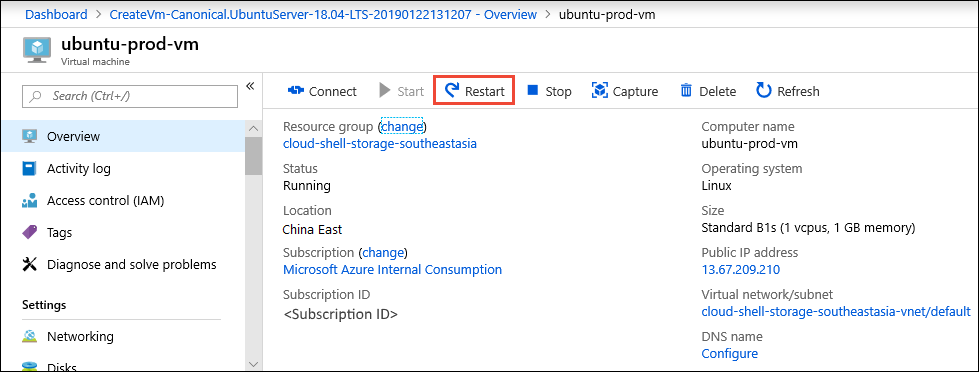 Screenshot to restart a virtual machine in the Azure portal.