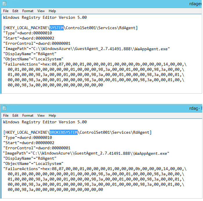 Screenshot of the original entry value and the changed entry value of the rdagent reg file.