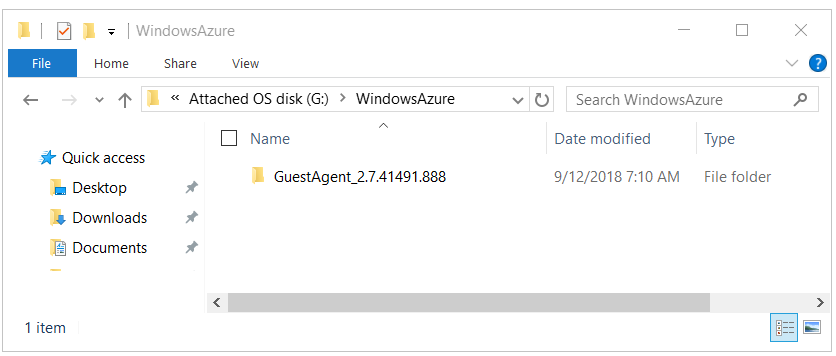 Screenshot of an example GuestAgent folder in the attached OS disk.