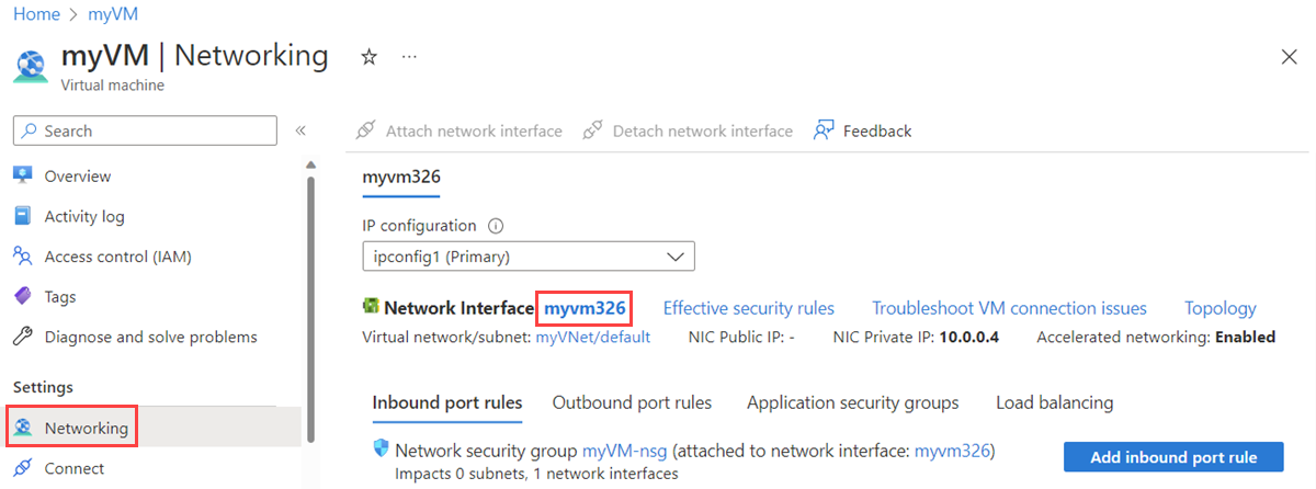 Screenshot showing how to select the network interface of a VM.