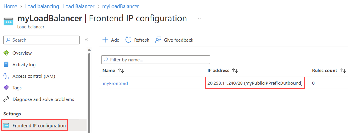 Screenshot of the load balancer Frontend IP configuration page showing the new public IP prefix.