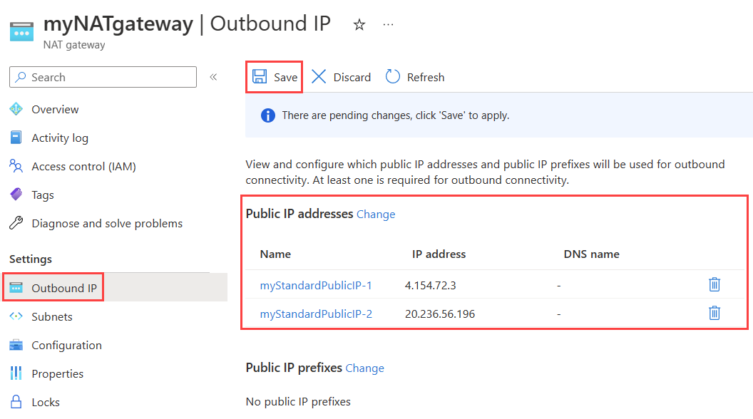 Screenshot of the NAT gateway Outbound IP configuration page showing the added public IP address.