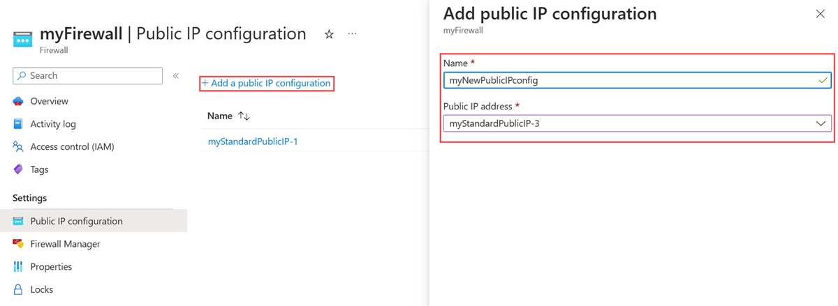 Screenshot that shows the Add public IP configuration pane and highlights the Name and Public IP address fields.