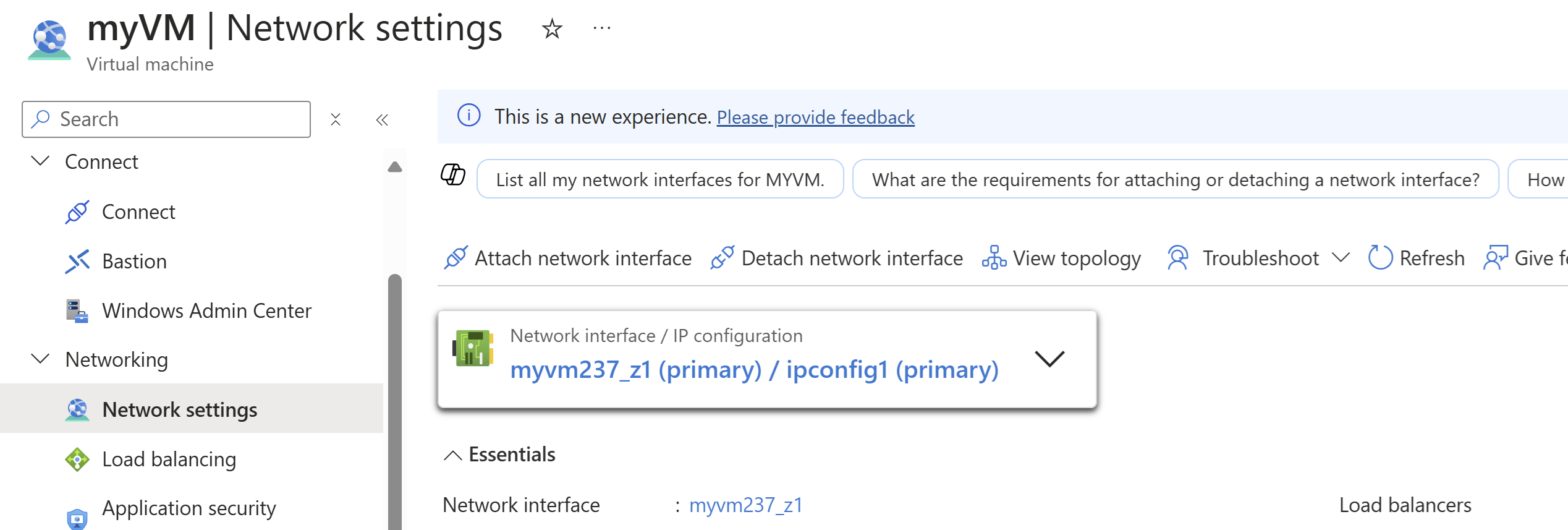 myVM 网络和网络接口选择的屏幕截图。