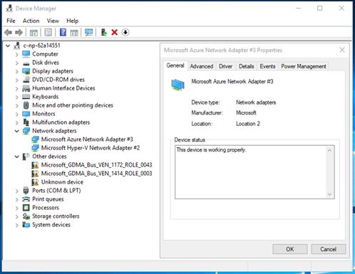 A screenshot of Windows Device Manager with an Azure MANA network card successfully detected.