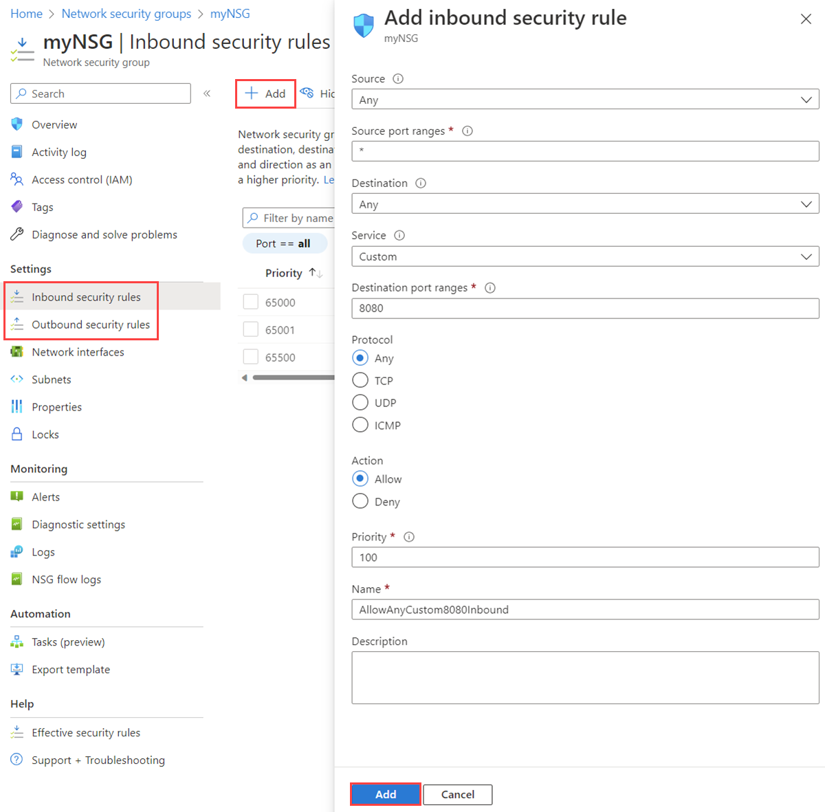 在 Azure 门户中将安全规则添加到网络安全组的屏幕截图。