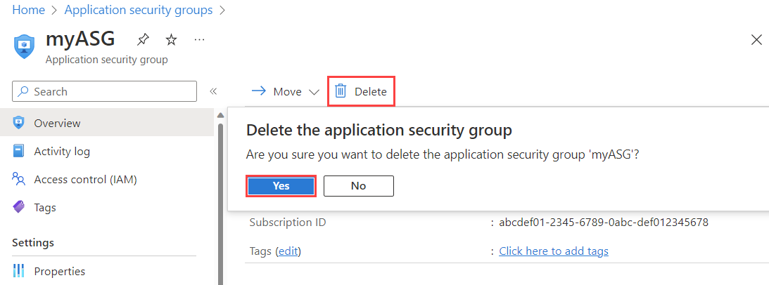 在 Azure 门户中删除应用程序安全组的屏幕截图。