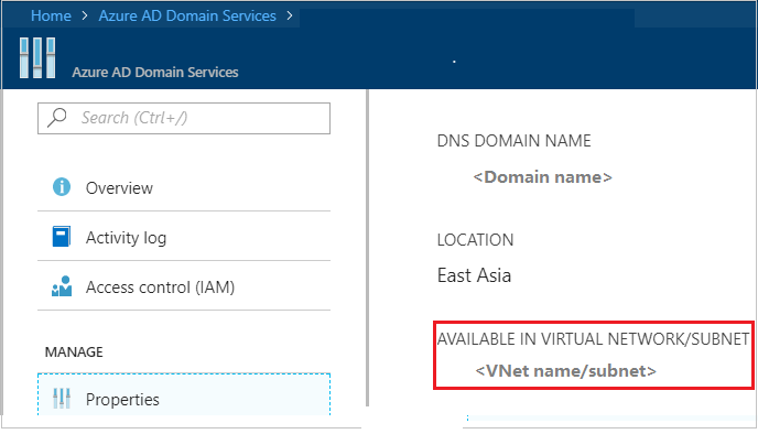 Screenshot of the Microsoft Entra Domain Services screen in Azure portal. The Available in Virtual Network/Subnet field is highlighted.