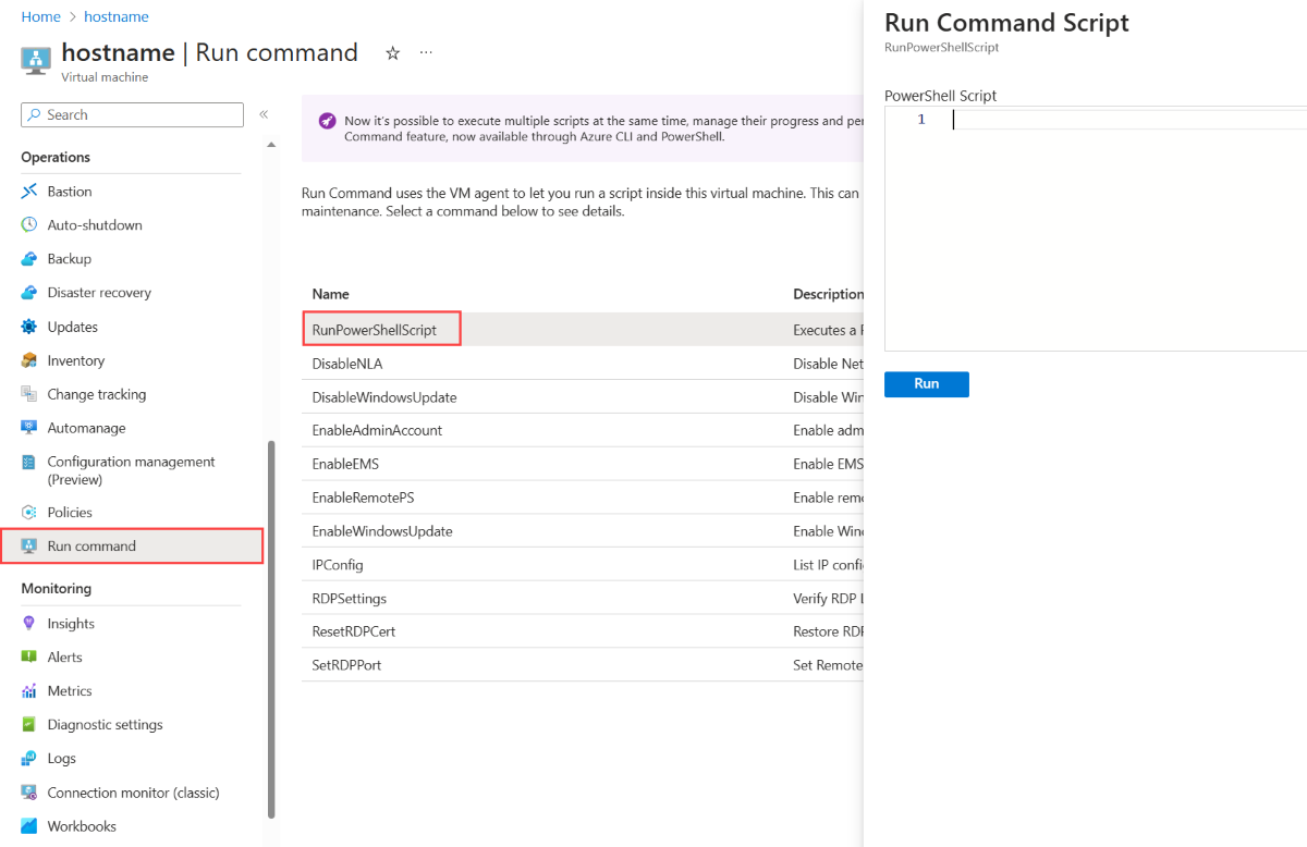 Screenshot that shows the Run command page for a Windows virtual machine and highlights the RunPowerShellScript feature.