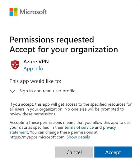 Screenshot shows dialog box with the message Permissions requested Accept for your organization and additional information.