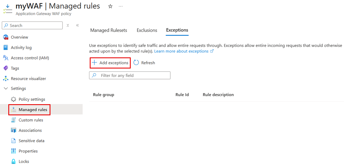 显示如何在 Azure 门户中的 WAF 策略中添加异常的屏幕截图。