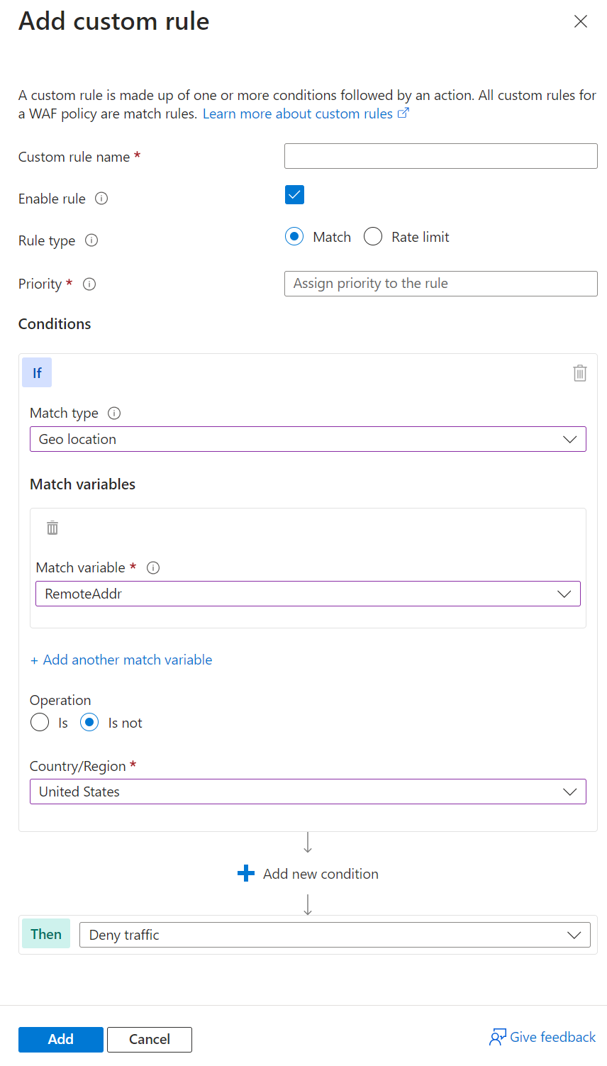 Screenshot showing the Application Gateway WAF add custom rule screen.