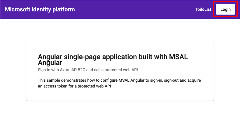 屏幕截图显示了带有登录链接的 Angular 示例应用。