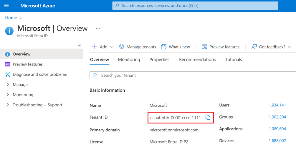 屏幕截图演示如何获取 Azure AD B2C 租户 ID。