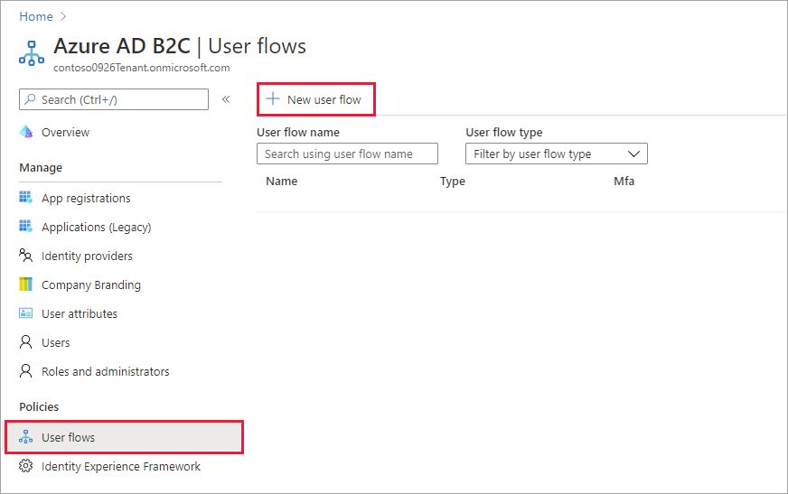 Azure 门户中“用户流”页的屏幕截图，其中突出显示了“新建用户流”按钮。