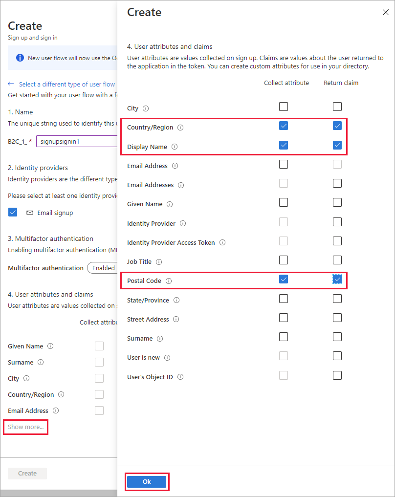 Azure 门户中属性和声明选择页的屏幕截图，其中已选中并突出显示了三个声明。