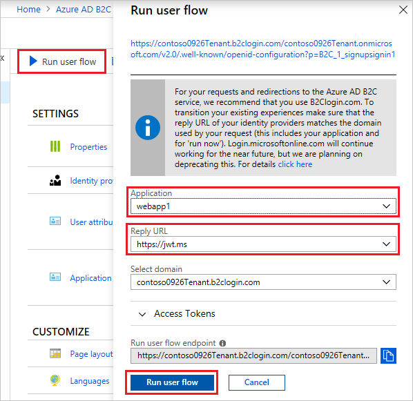 Azure 门户的“运行用户流”页的屏幕截图，其中突出显示了“运行用户流”按钮、“应用程序”文本框和“回复 URL”文本框。