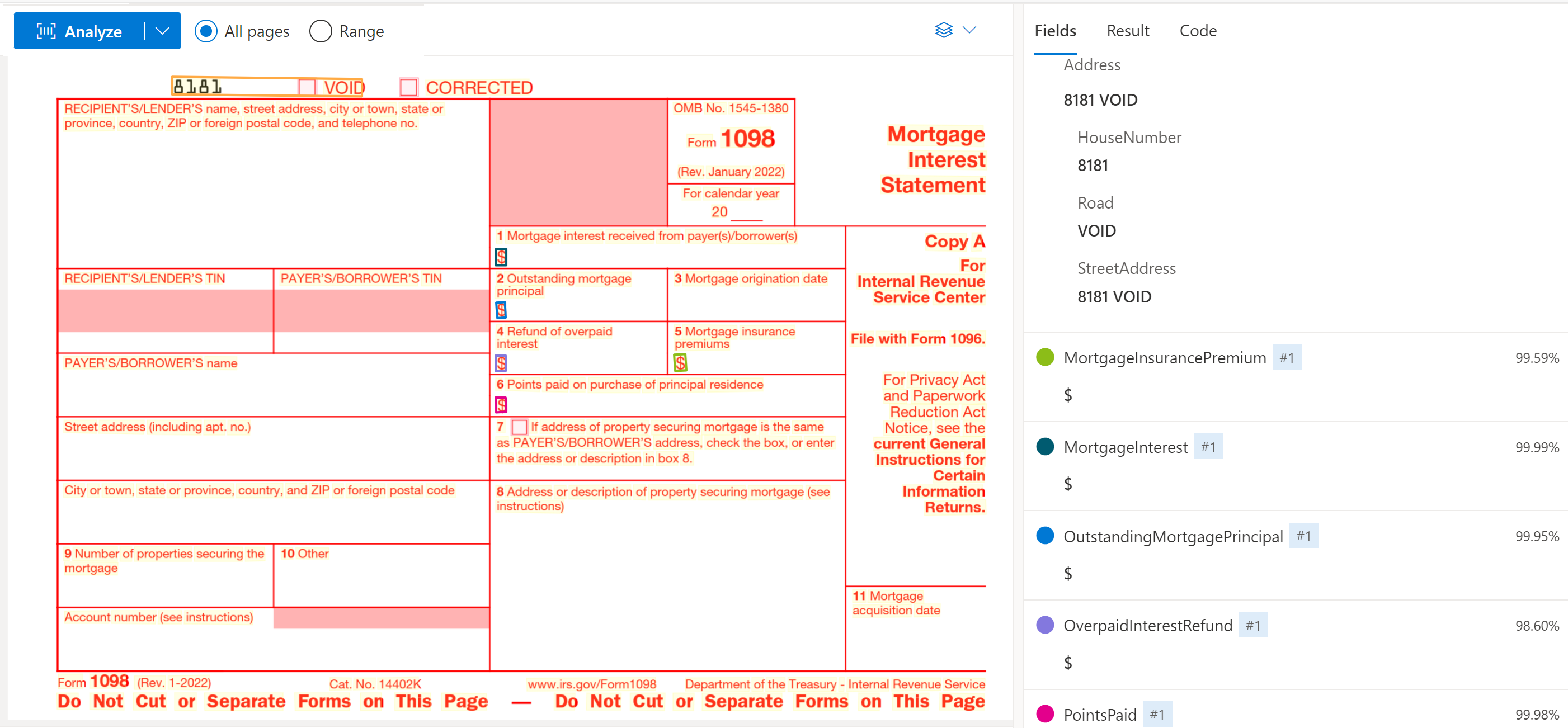 显示 Document Intelligence Studio 中分析的 US 1098 税务表单的屏幕截图。